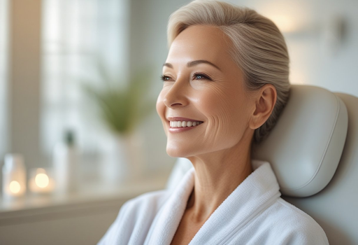 Mulher Loura Idosa sorrindo amplamente após realizar seu Facelift